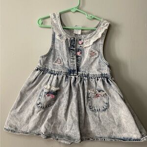 Vintage Young Hearts Acid Wash Denim Dress - Girls Size 4 Lace Trim Pink Details
